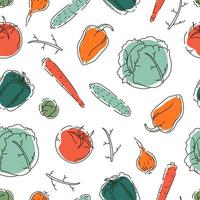 Various vegetables on a white background seamless pattern. Healthy food. Scandinavian style. Vector background