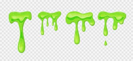 Green sticky liquid. Shiny dripping slime. Set  transparent background. Vector cartoon illustration.