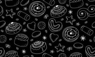 dulces suecos de patrones sin fisuras en blanco y negro. adecuado para la impresión en envases, papel, para la decoración de menús. fondo de contorno vectorial. vector