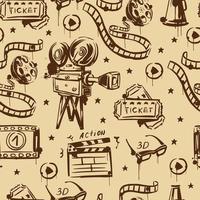 Retro cinema seamless pattern. Retro video camera, tickets, 3d glasses. Beige and brown vector hand-drawn background.