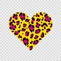 Leopard heart is yellow, pink and black.Suitable for printing on clothes. A symbol of love. Vector hand-drawn illustration on a transparent background