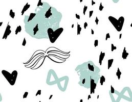 Minimalistic abstract background with hearts, spots and moustaches. Suitable for printing on paper and textiles. Fashionable vector background.