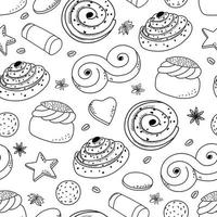 Traditional Swedish sweets seamless pattern. Suitable for printing on packaging, paper, for menu design. Coloring page. Vector contour background.