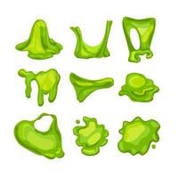 Green slime set.Crumpled, stretched, splattered slimes.  Child toy. Vector cartoon illustration of liquid.