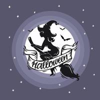 Beautiful witch is flying against the background of a full moon. Festive Halloween background. Vector illustration.