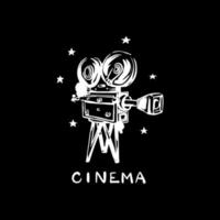 Vintage video camera. Black and white poster with the inscription Cinema. Vector hand-drawn illustration.