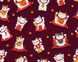 Maneki Neko Japanese cat seamless pattern. Various cute cats of good luck.  Symbol  wealth. Vector cartoon background
