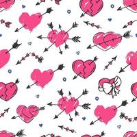 Pink hearts with arrows seamless pattern. Hand-drawn vector background for Valentine's day.