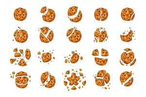 Bitten cookies with chocolate chips   big set on a white isolated background. Freshly baked dessert. Vector cartoon illustration.