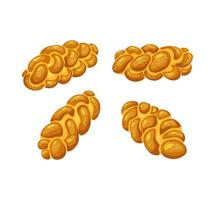 Challah, saturday bread on a white isolated background. Holiday jewish braided loaf .  Vector cartoon illustration of food.
