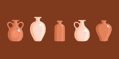 Clay vases set in a flat style. Antique jug. Vector illustration.