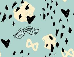 Minimalistic abstract blue background with hearts, spots and moustaches. Suitable for printing on paper and textiles. Fashionable vector background.