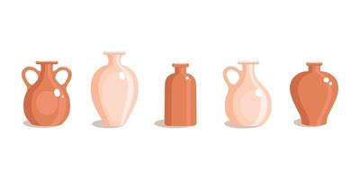 Clay vases set in a flat style.  Antique jug. Vector illustration on a white isolated background.