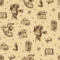 Cinema. Vintage background with video camera, popcorn, tickets, video tape. Vector hand-drawn background.