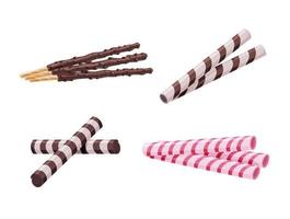 Different biscuit waffle sticks with chocolate set on a white isolated background. Delicious dessert. Vector cartoon illustration