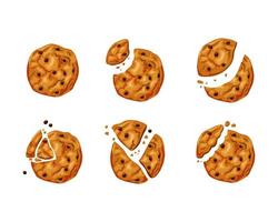 Bitten cookies with chocolate chips  set. Broken freshly baked dessert. Vector cartoon illustration isolated background