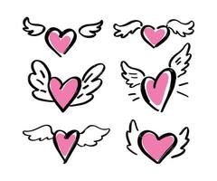 Hand drawn Hearts with wings on a white background. Set. Vector. vector