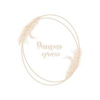 Dry Pampas grass soft oval frame for wedding invitations or postcards.  Background in boho style. Flat lay with copy space, top view. Vector hand drawn illustration on a white isolated background.