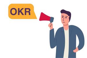 Objectives and key results.OKR young guy with a loudspeaker.Website banner concept.Speech bubble.Isolated on white background. vector