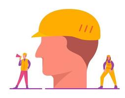 The head of a builder worker in a protective helmet. Cartoon character foreman with a loudspeaker and in a helmet and special clothing. Girl in overalls.Vector flat illustration. vector