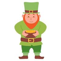 Cartoon Leprechaun holding a pot of gold.Happy St Patrick's Day. Ireland traditional holiday symbol to the pub.Isolated on white background. vector