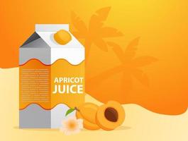 Cardboard bag with apricot fruit juice.  Realistic vector illustration.Ripe apricot fruits.Freshly squeezed fruit juice.