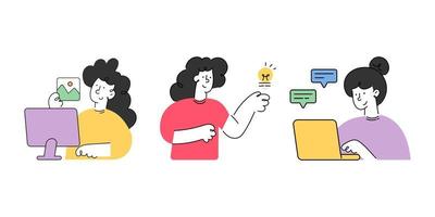 Woman working on laptop and computer. Work from home concept. Set of character vector illustration.