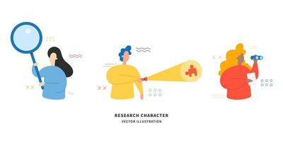 Searching and researching concept. Colorful flat vector illustration.