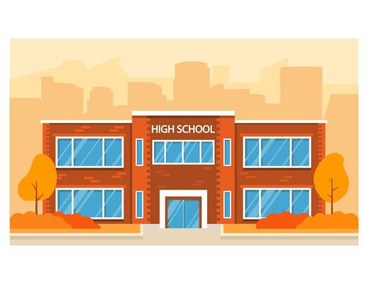 Autumn high school building.Education background.Vector flat illustration.