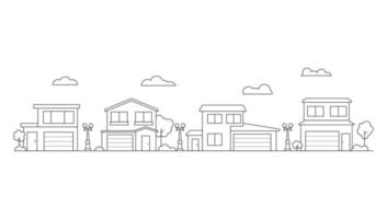 arte de línea de barrio casa suburbana. edificio de la calle. casa de fachada. aislado sobre fondo blanco. ilustración de vector de contorno.