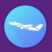 Flying passenger plane icon.Line art vector illustration.Isolated on a blue background.Jet aircraft side view.Symbol for a mobile application or website.
