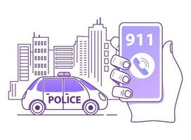 Calling a police patrol car. Hand holds smartphone. Mobile emergency application.Outline flat vector illustration.