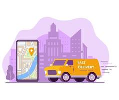 Online delivery phone.Online order tracking with map.Delivery service app on smartphone. City skyline cargo van.Freight car.Vector flat illustration. vector