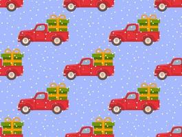 Retro pickup red truck with green gift box.Falling snow.Christmas seamless pattern.Concept for wrapping paper.Vector flat illustration. vector