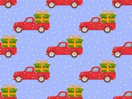 Retro pickup red truck with green gift box.Falling snow.Christmas seamless pattern.Concept for wrapping paper.Vector flat illustration. vector