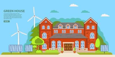 Green energy an eco friendly classical lock suburban american house.Solar, wind power.Family home.Home facade.Flat vector.Rural housing village chimney.Renewable energy.Green house. vector