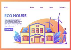 Landing page template.Green energy eco friendly suburban american house.Solar panel, wind power turbine.Family home facade.Flat vector.Web page.Website template.Young man includes  character cartoon. vector