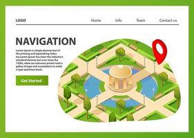 Isometric map mobile GPS navigation. Public summer park navigator pin red color.Landing page template.Web page.Website template.Park alley with trees,With a pond and benches and an arbor vector. vector