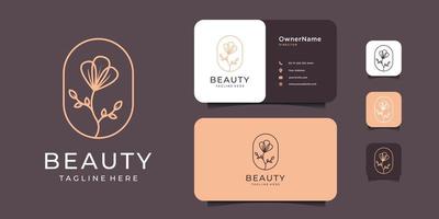 Beauty minimalist feminine flower logo design with business card vector template