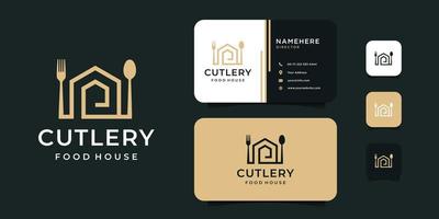 Cutlery house fork and spoon logo design with business card vector template