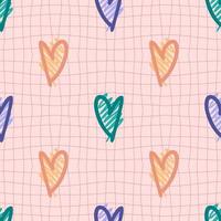 Hippie seamless pattern with grunge textured hearts on trippy grid background. vector