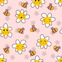 Groovy hippie aesthetic seamless pattern with daisies and honeybees. vector