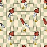 Hippie seamless pattern with amanita mushrooms on trippy grid checkerboard background. vector