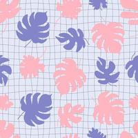 Seamless pattern with monstera leaves on grid distorted background. vector