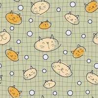 Seamless pattern in 1970s style with cats and drops on grid distorted background. vector