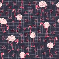 Seamless pattern with flamingo on trippy grid background with hearts. vector