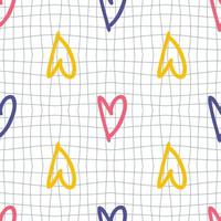 Doodle seamless pattern with simple hearts on trippy grid distorted background. vector