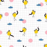Groovy seamless pattern with cranes on grid distorted background. vector