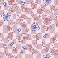 Pychedelic eamless pattern with flowers and butterflies on grid distorted background. vector