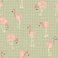 Groovy seamless pattern with flamingo on grid distorted background. vector